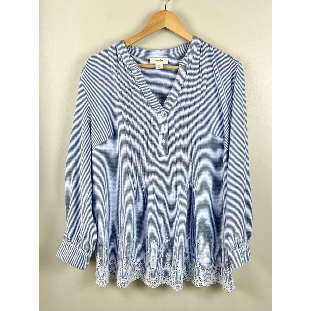 Style & Co Womens Popover Top Pleated Eyelet‎ Lace Roll Tab Sleeve Sz XL Peasant
